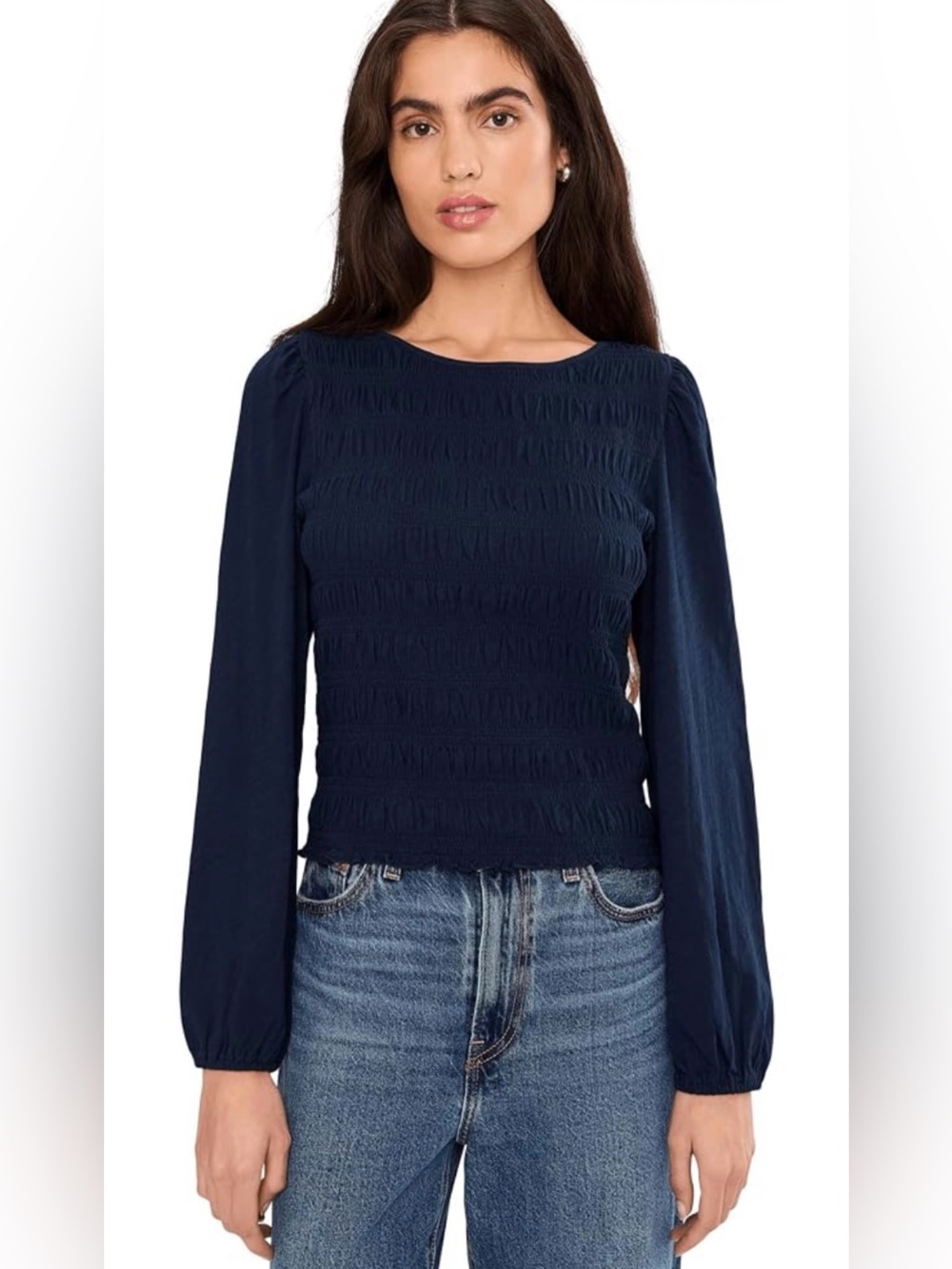 Madewell Navy Smocked Long-Sleeve cotton blend Blouse. L